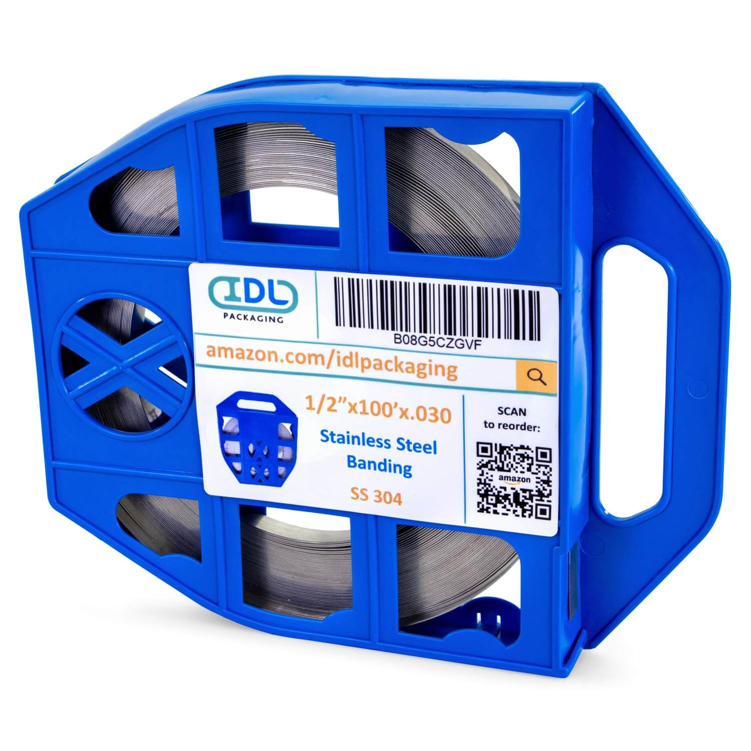 1/2" x 100' x .030" Stainless Steel Banding in Plastic Self-Dispensed Case with Handle 1/2" x 100' x .030" Stainless Steel Banding in Plastic Self-Dispensed Case with Handle 2